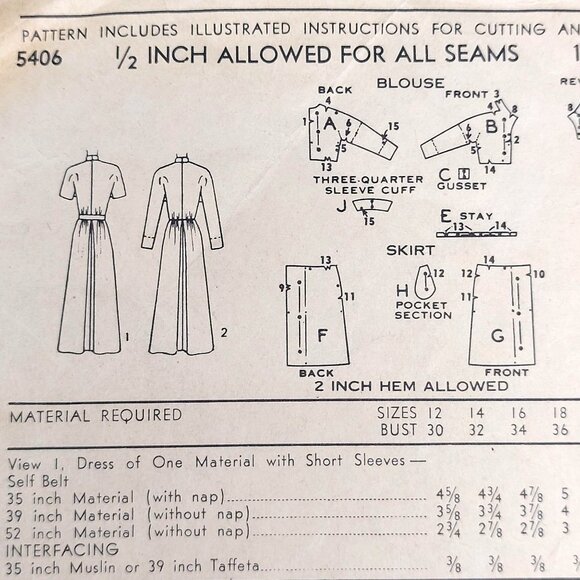 Vintage 1950s Advance 5406 Sewing Pattern Dress With Short Sleeves & Collar Size - Picture 4 of 4